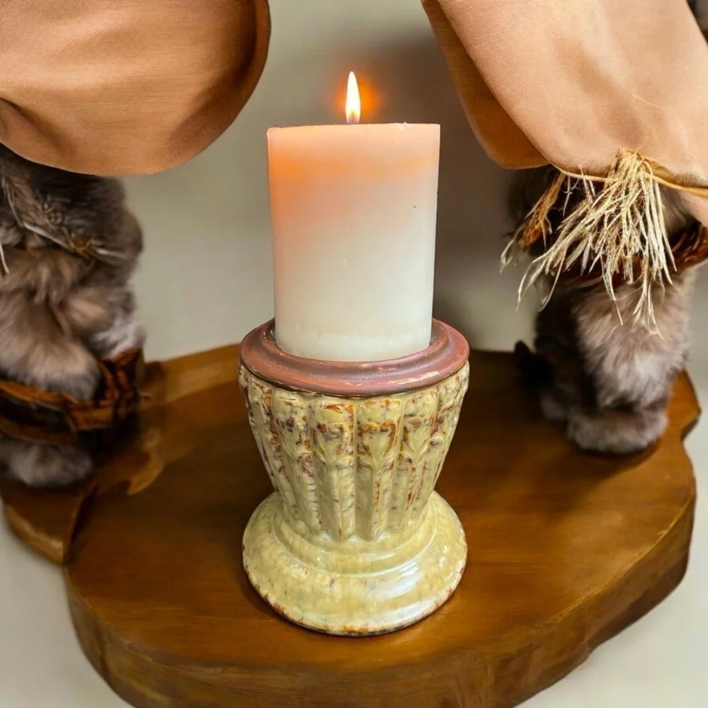 Vintage Glazed Ceramic Pedestal Pillar Candle Holder Heart Scroll 4.75 Inch